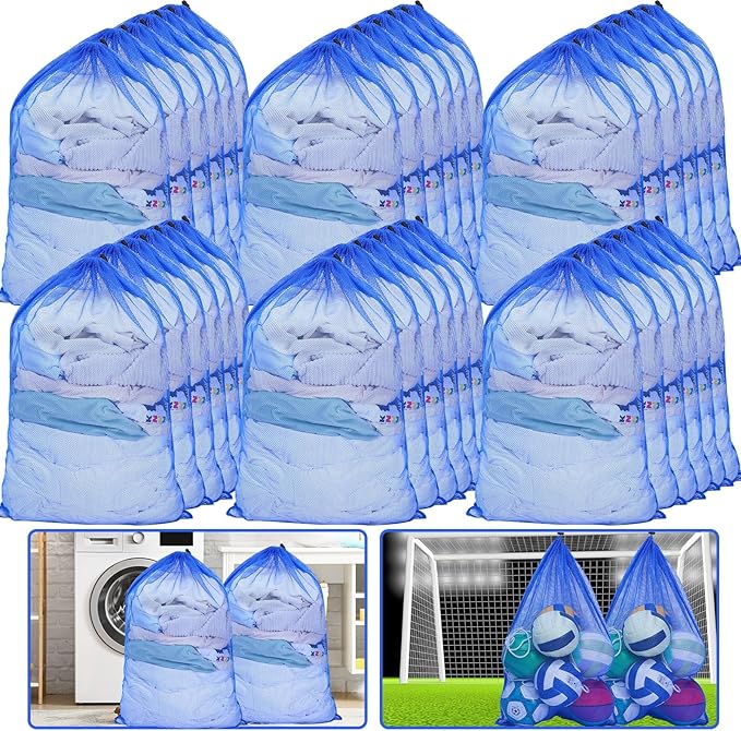 Berlune 30 Pack 24 x 36 Inches Large Mesh Bags for Laundry, Wash bags, Sturdy Mesh Material Closed with Drawstring, Factory, University, Dormitory, Travel and Apartment Dweller (Blue)
