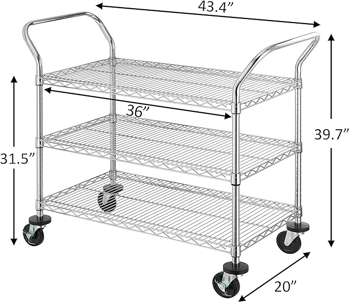 Finnhomy 3-Tier Commercial Grade Rolling Cart, Heavy Duty Utility Cart with Wheels and Handles, Metal Kitchen Carts on Wheels with 500 lbs Capacity, Shelf Size 20" D x 36" W, NSF