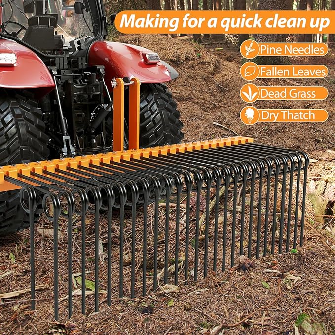 60" 3-Point Tractor Landscape Rake, Pine Straw & Yard Waste Cleaner, Cat 0/1 Hitch Compatible, Powder Coated Steel Blades, Orange