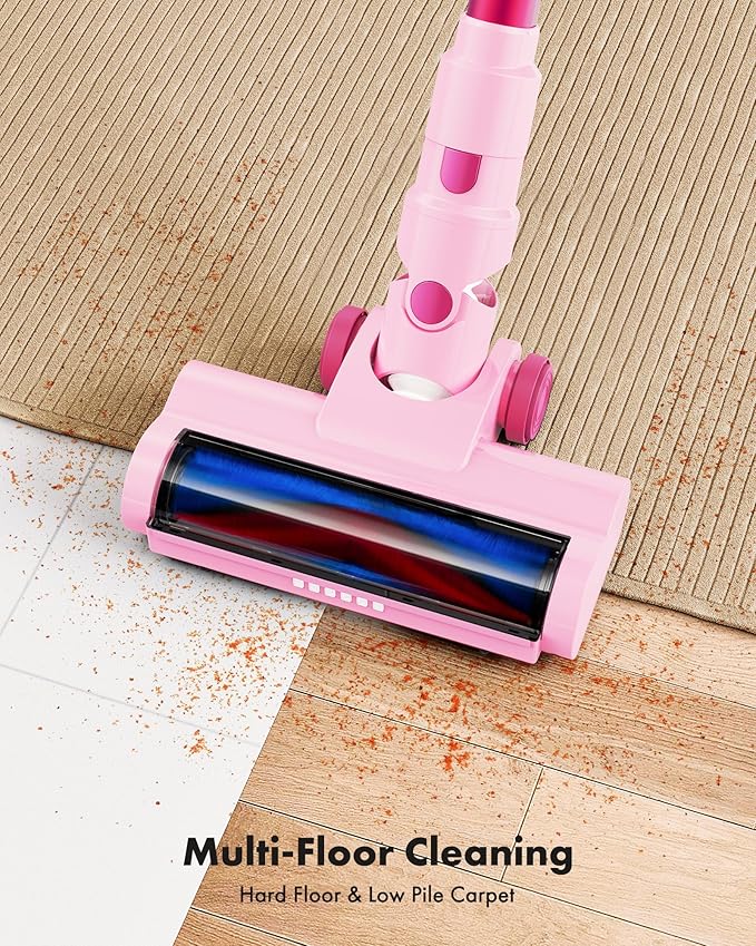 Cordless Vacuum Cleaner, 8-in-1 Lightweight Stick Vacuum with 45mins Runtime, Powerful Suction, Rechargeable Cordless Vacuum for Carpet, Tile, Pet Hair, Hardwood Floors, Pink