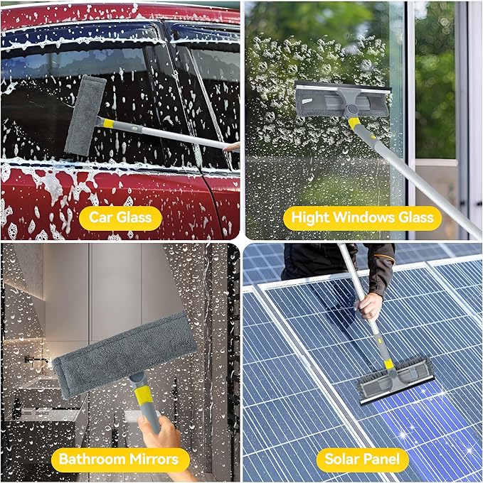 JEHONN Window Cleaning Squeegee Kit, 64 inches Tall Professional Shower Glass Washing Equipment, 3 in 1 Wall Cleaner Duster with Extension Pole for Home Indoor Outdoor Mirror Car Windshield