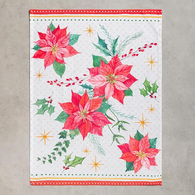 Maison d' Hermine Kitchen Towels Set of 3 100% Cotton 27.50" x 20" Reusable Cloth Tea Dish Towels Absorbent with Hanging Loop for Kitchen, Home, Dining, Cocktail Parties (Poinsettia Christmas)