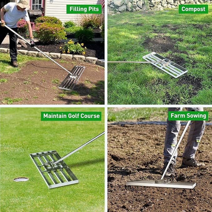 GreatBuddy Lawn Leveling Rake 30'' x 10", Heavy-Duty Stainless Steel Lawn Leveling Tool for Lawn, Soil, Sand, 78'' Extra Long Handle, Ideal for Yard, Garden