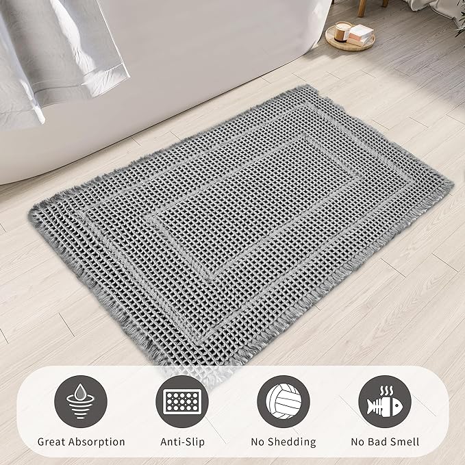 Bath Matts - Upgraded Waffle Super Absorbent, Non Slip Washable, Quick Dry Shower Mats, Ultra Soft for Bathroom Floor, Grey, 24"*36