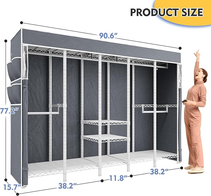 Raybee 90.6" W Clothes Rack with Cover Heavy Duty Clothing Racks for Hanging Clothes Extra Wide Portable Closet Loads 1200LBS Freestanding Garment Rack for Bedroom, White