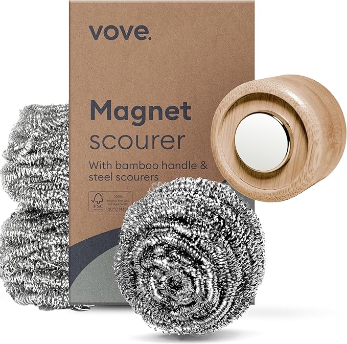 Vove Magnetic Scourer, Stainless Steel Scrubber with FSC-Certified Bamboo Handle, 3 Replacement Pads, Neodymium Magnet, for Cast Iron, Pots & Pans, Griddles, Grills, Plastic-Free Eco-Friendly Cleaner