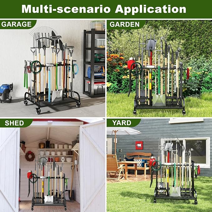 Garden Tool Organizer with Wheels, Large Capacity Garage Tool Rack with Hooks, for Broom, Shovel, Long Handled Tools, Metal Yard Tool Organizer for Garage, Shed, Outdoor