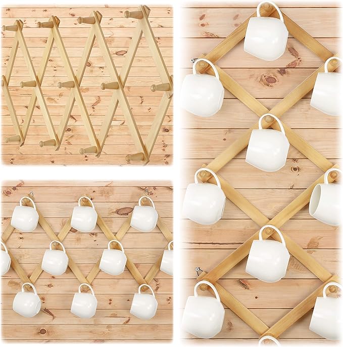 Dseap Accordian Wall Hanger: 16” High Wooden Wall Expandable Coat Rack, Hat Rack Holder, Accordion Hook for Baseball Caps, Coats, Mugs, 13 Peg Hooks, Natural