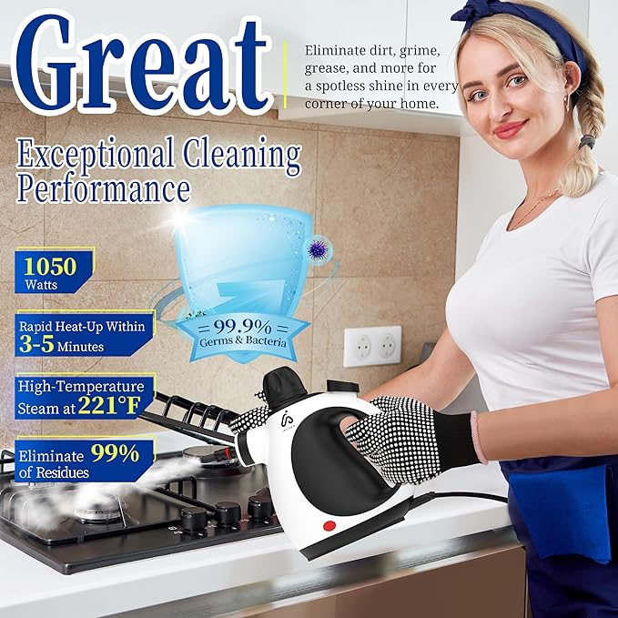 Steam Cleaner Handheld 12 Accessories Kit with Heat Resistant Gloves, Multi-Surface Steamer for Cleaning Home, Upholstery, Car, Floor, Grout and Tile