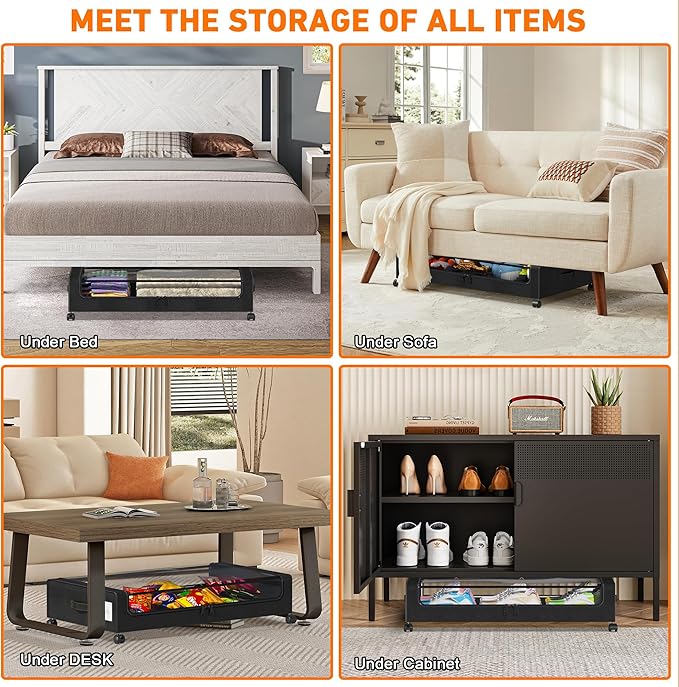 Under Bed Storage with Wheels, 4-Pack Under Bed Storage Containers with Clear Lids, XXL 60L Under the bed storage Organizer Bins, Rolling Under Bed Metal Drawer for Clothes,Shoes,Toys (Black)