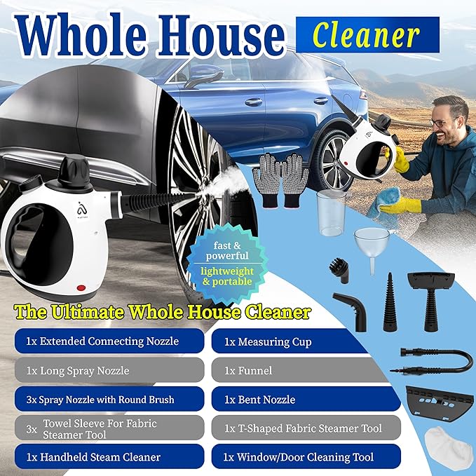 Steam Cleaner Handheld 12 Accessories Kit with Heat Resistant Gloves, Multi-Surface Steamer for Cleaning Home, Upholstery, Car, Floor, Grout and Tile
