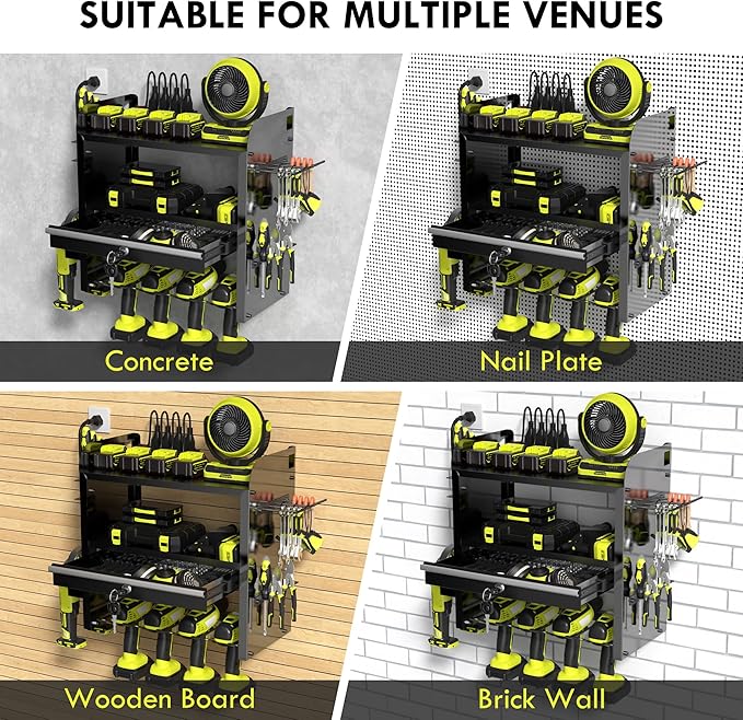 KSVO Power Tool Organizer Wall Mount with Drill Rack & Locking Drawers - Heavy Duty Metal Tool Shelf for Garage, Workshop, Shed, Basement Tool Organization - Gift for Men/Father (Black)