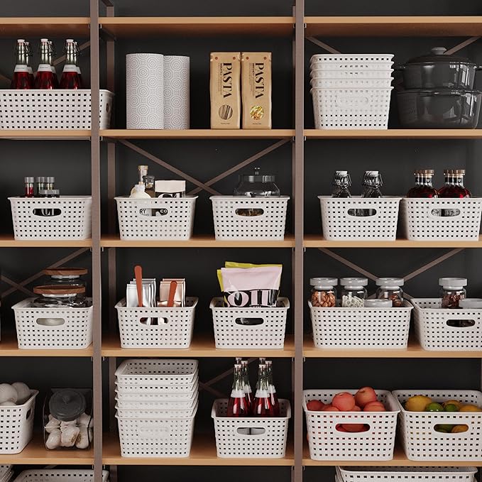 White Plastic Storage Baskets/Bins, 12-Pack Stackable Basket Pantry Organizer, Household Organizers for Bathrooms, Kitchens, Shelves, Classroom, Cabinets, Countertops and Bedrooms