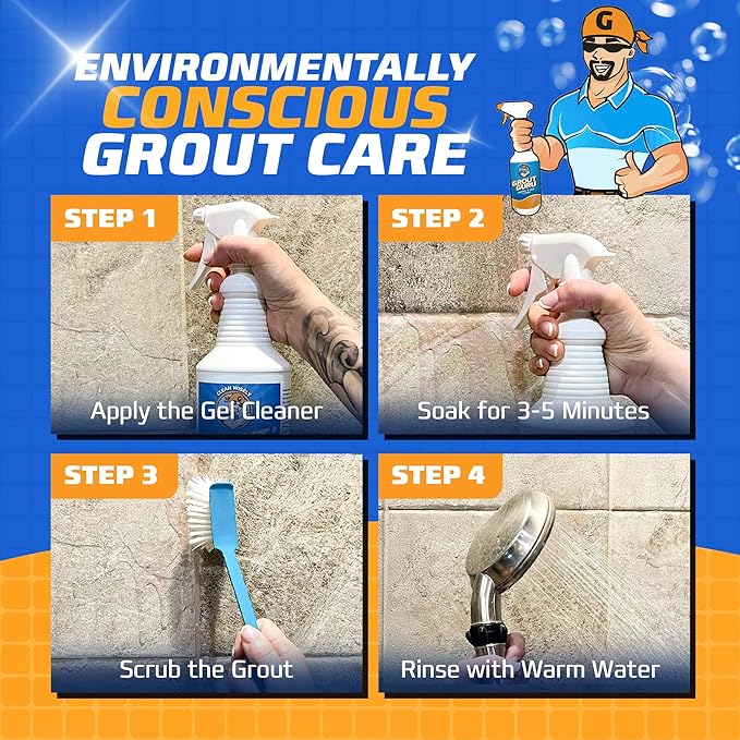 Gel Grout Cleaner for Tile Floors 1 Quart Made in USA - Heavy Duty Gel Bathtub Cleaner for Dirt and Grim, Safe in Colored Grout, Ceramic Floor, Bathroom Shower Kitchen Outdoor Porcelain