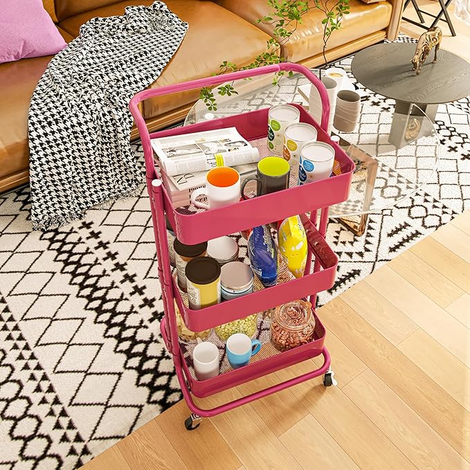 3-Tier Metal Rolling Cart with Wheels, Hot Pink Utility Storage Cart, Multifunctional Organizer Storage for Kitchen, Bedroom, Office, Laundry Room, Dorm Room Essentials (Rose red)