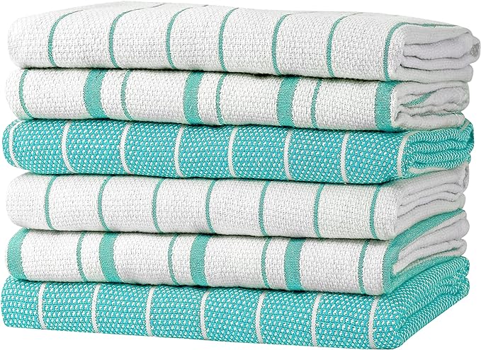 Zeppoli Classic Kitchen Towels - 6 Pack 100% Natural Cotton Towel Set, Reusable Wash Cloths, Absorbent Dish Towels, Machine Washable Hand Towels, Kitchen Essentials, 20" x 28" - Aqua Base