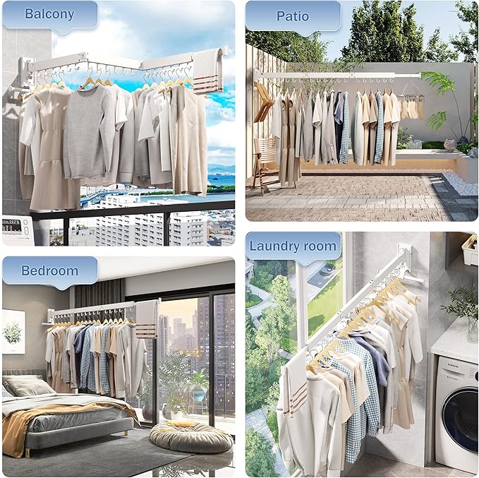 Drying Rack, Wall Mounted Clothes Rack, Aluminum, 220lbs Capacity, Foldable, White