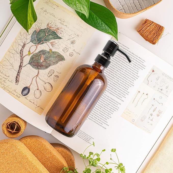 Vine Creations Amber Glass Soap Dispenser, 2 Pack Kitchen Soap Dispenser Set with Stainless Steel Pump, 16 oz Dish Soap and Hand Soap Dispensers for Bathroom with Waterproof Labels