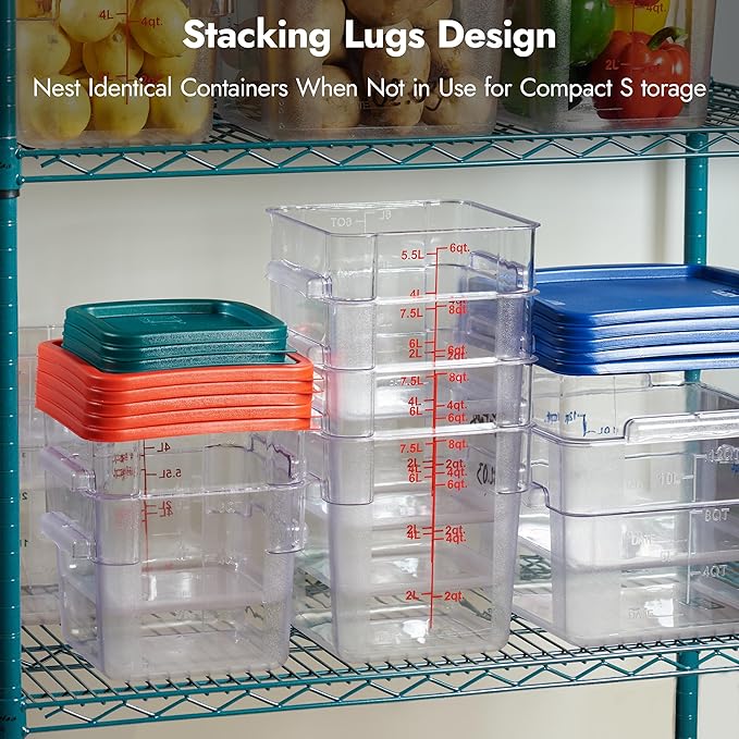 CURTA 4-Pack Food Storage Containers with Green Lids - 2 Qt & 4 Qt Square Clear Polycarbonate - NSF Listed, Commercial Grade, Freezer & Dishwasher Safe, Stackable