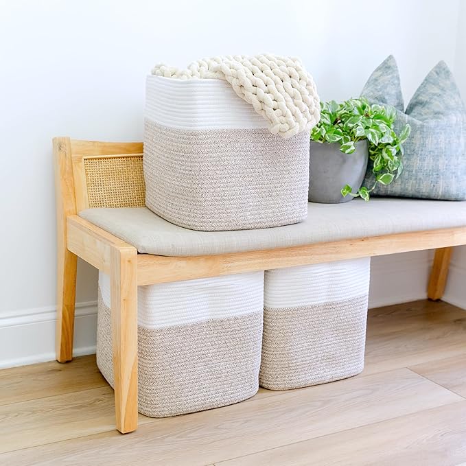 NaturalCozy 13x15x13 Kallax Storage Cubes Bins, 3 Pack | Cotton Rope Cube Storage Bin Woven Baskets for Organizing | Kallax Insert Storage Baskets for Shelves Organizer, Kids Toy, Closet Baby Nursery