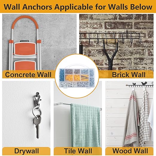 KURUI 510Pcs Wall Hanging Kit with Anchors and Screws, Picture Hanging Kit for Wall Decor Art, Frame, Canvas, Dry Wall Anchors Assortment Kit for Sheetrock Concrete Brick, 6 Sizes Picture Hangers