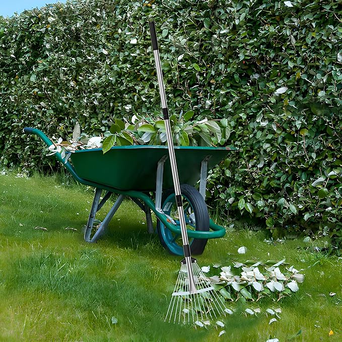 Garden Rake for Leaves, Heavy Duty Metal Adjustable Leaf Rake for Lawns, Length 37"-68", Adjustable Expandable Head 8"-15", Garden Tools for Lawn Garden Yard Flowers Beds Bush