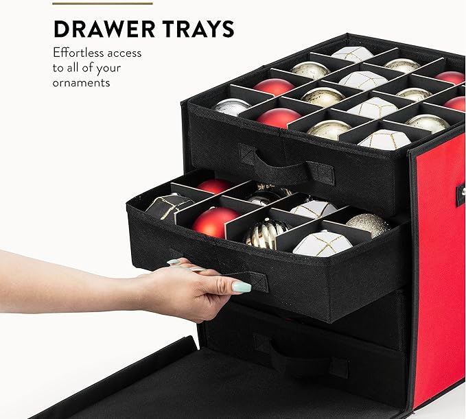ZOBER Christmas Ornament Storage Box - Stores 64 3" Ornaments with Drawer Style Trays - Tear Proof 600D Oxford Fabric - Ornament Organizer Storage Box, Durable Christmas Containers Holder - Red