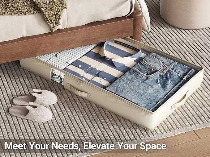 Under Bed Storage Containers with Window, Closet Organizers and Storage Bags, Foldable Underbed Storage Bags for Blankets, Clothing, Comforter, Linen Sheets, Wrapping Paper, 3 Pack, White Ivory