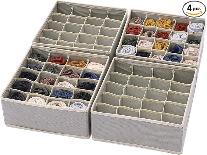 DIOMMELL Set of 4 Foldable Cloth Storage Box Closet Dresser Drawer Organizer Fabric Baskets Bins Containers Divider for Clothes Underwear Socks Lingerie Clothing, Grey 40-0000