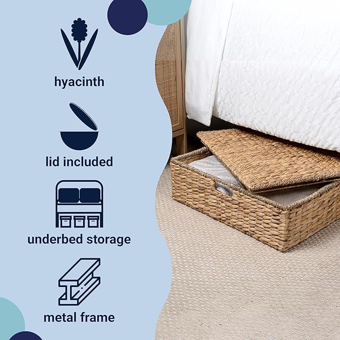 happimess BSK2015A Holden 30" Classic Costal Hand-Woven Hyacinth Wicker Under Bed Storage Basket with for Storage and Decoration in Bathroom, Bedroom, Closet, Entryway, Natural