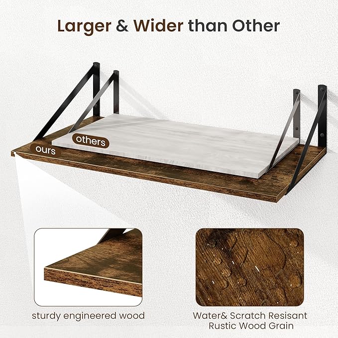 Fun Memories Floating Shelves for Wall, 12 Inch Deep Floating Shelves Set of 2, 24W x 12D Large Wall Shelf with Sturdy Metal Brackets for Living Room, Bathroom, Bedroom and Kitchen, Rustic Brown