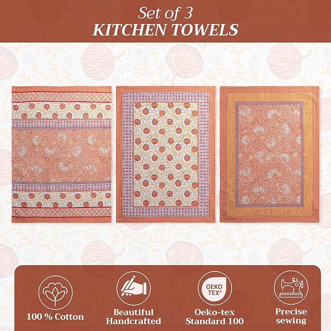 Maison d' Hermine Kitchen Towels Set of 3 100% Cotton 27.50" x 20" Reusable Cloth Tea Dish Towels Absorbent with Hanging Loop for Kitchen, Home, Dining, Cocktail Parties (Harvest Festival)