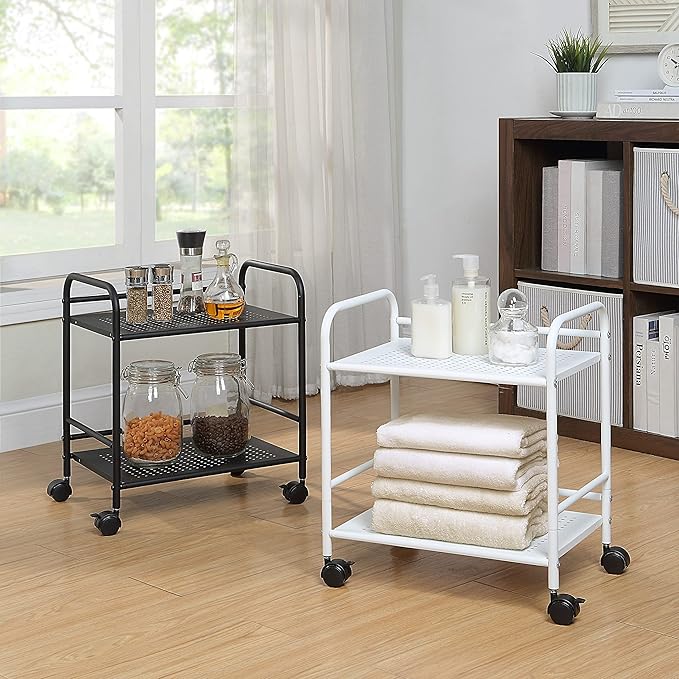 SunnyPoint 2-Tier Metal Rolling Utility Cart – Mobile Storage Shelf with Caster Wheels – Small Space Organizer for Home, Office, Bedroom, Kitchen (WHT)