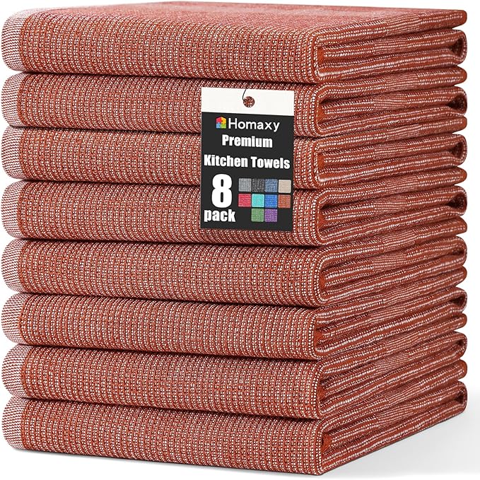 Homaxy Premium Kitchen Towels(18”x 28”, 8 Pack), Large Cotton Kitchen Hand Towels, Flat and Terry Dish Towels, 380 GSM Highly Absorbent Tea Towel Set with Hanging Loop, Rust