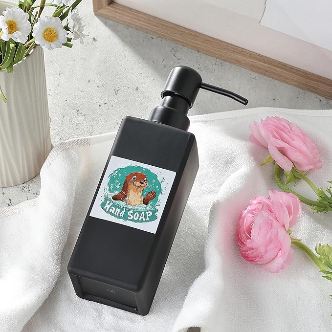 Soap Dispenser Bathroom, JINLIFA 12oz Black Glass Refillable Liquid Hand Dish Soap Dispenser (5 Labels)