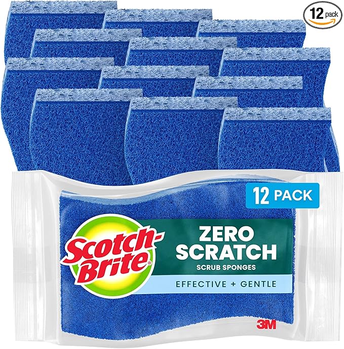 Scotch-Brite Zero Scratch Scrub Sponge, 12 Kitchen Sponges for Cleaning Around the Home, Bathroom & More, Effective + Gentle Dish Scrubber, Best for Nonstick Pots and Pans, Safe on Most Surfaces
