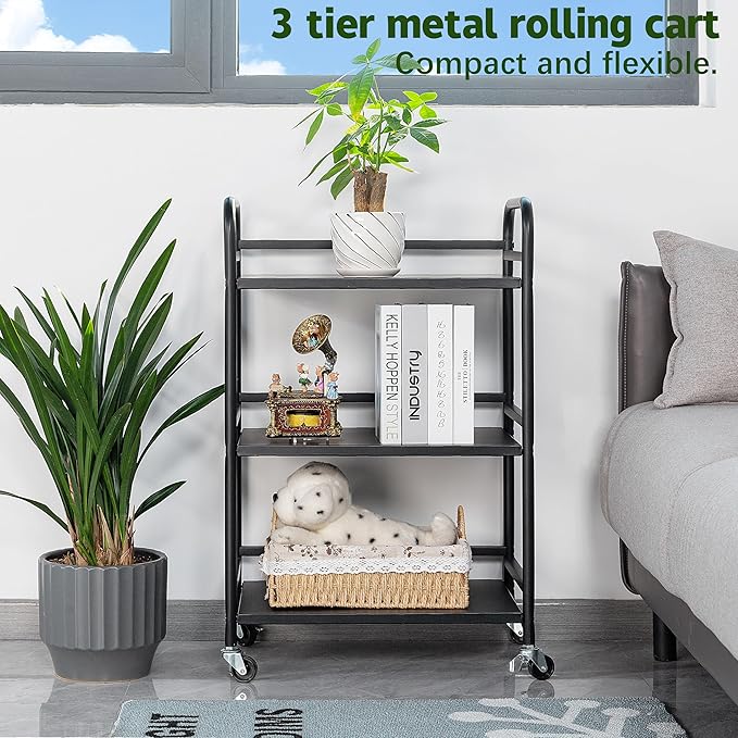 HDANI 3 Tier Rolling Cart Shelves,Heavy Duty Multifunctional Metal Frame-Supports 22 Lbs Per Tier,Rolling Cart with 2 Lockable Wheels for Home,Office,Kitchen,Bathroom,Bedroom (Black)…