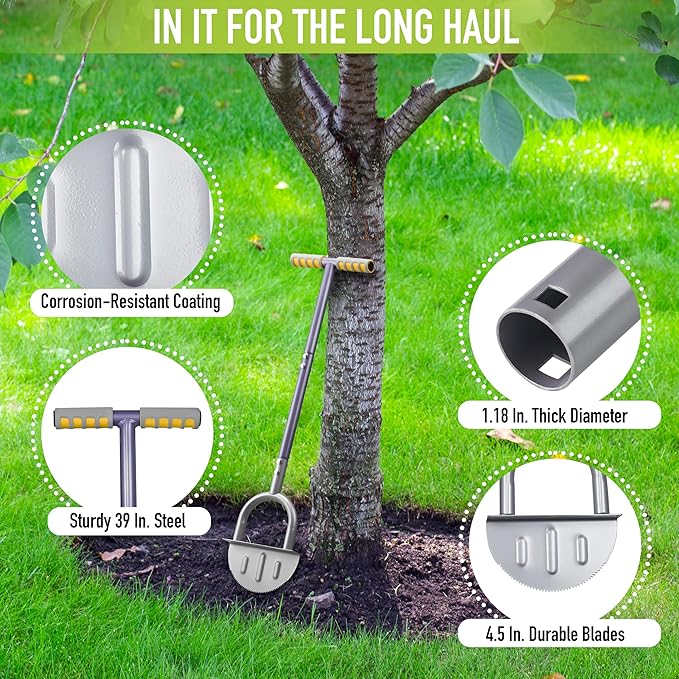 Half-Moon Edger Lawn Tool – Steel Garden Edger for Landscaping & Borders with Rope & Pegs for Precision – Saw-Tooth Manual Edger Lawn Tool with Ergonomic Rubber-Grip Handles, 39 in.