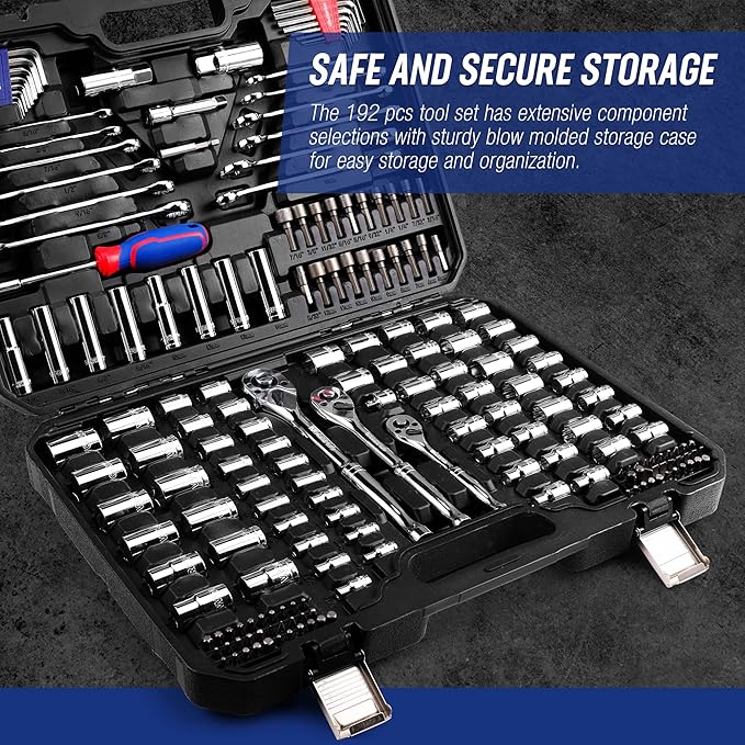 WORKPRO Mechanics Tools Kit and Socket Set, 192-Piece, SAE&Metric, 1/2'', 1/4'', 3/8'' Drive Socket Ratchet Wrench Set with Molded Case
