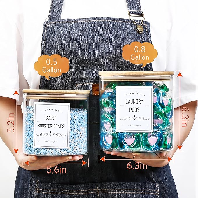 2 Pack Laundry Room Organization Glass Jars- Laundry Pods Container With Airtight Bamboo Lid- Dishwasher Pods Container. Laundry Jars For Detergent Powder, Dryer Balls,Scent Boosters(0.5+0.8Gallon)