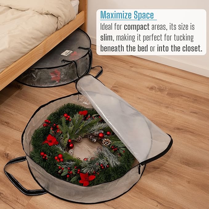 VENO 2 Pack Front Door Wreath Storage Container For Summer - 30 Inch Clear Wreath Bag, Christmas Garland Decoration Organizers with Zipper and Durable Handles (Clear, 30"-2 Pack)