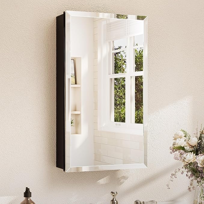 TETOTE 15 x 26 Medicine Cabinet with Tempered Beveled Mirror Black Bathroom Mirror with Storage Aluminum Cabinet DTC Hinges, Stepless Adjustable Shelves, Recessed/Surface-Mounted
