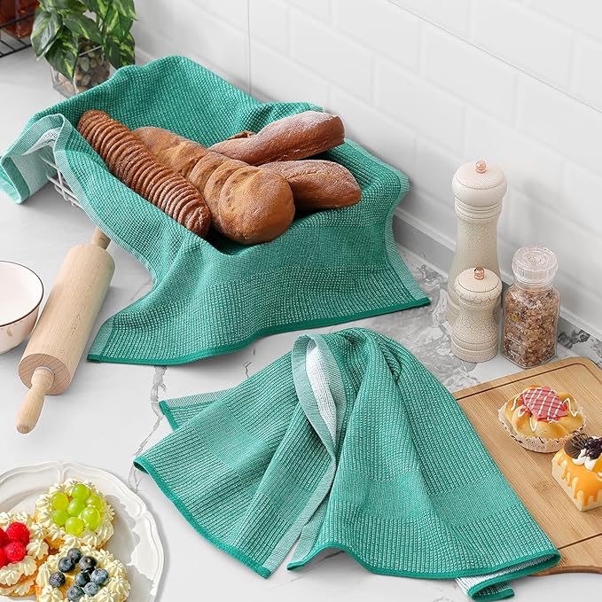 Homaxy Premium Kitchen Towels(18”x 28”, 6 Pack), Large Cotton Kitchen Hand Towels, Flat and Terry Dish Towels, 380 GSM Highly Absorbent Tea Towel Set with Hanging Loop, Navy Blue/Red/Green