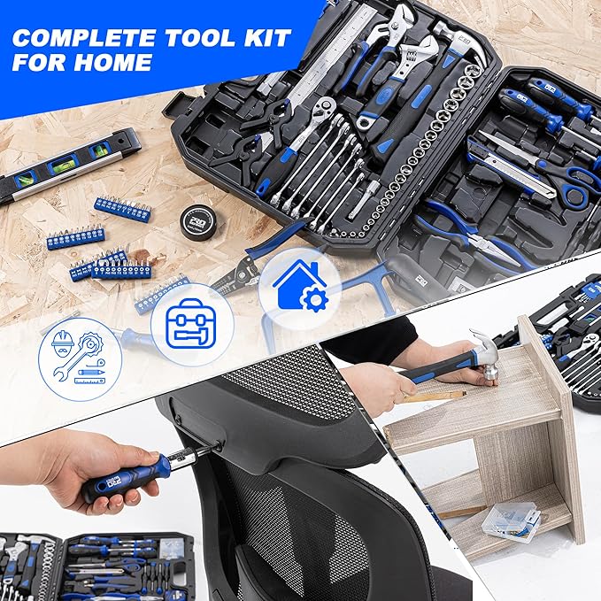 Prostormer 259-Piece Tool Kit, General Household Hand Tool Set with Plastic Storage Toolbox, Portable Complete Repair Tool Box for Home and Car (Blue)