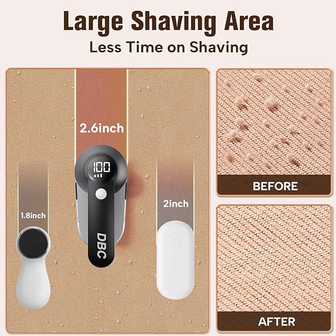 DBC Fabric Shaver, 3-Speed Lint Remover for Clothes LED Display, 15000r/Min Powerful Motor, Large Shaving Head Lint Shaver for Clothes, 6-Leaf Blades, Lint Ball, Furniture, Fuzz, Black & Silver