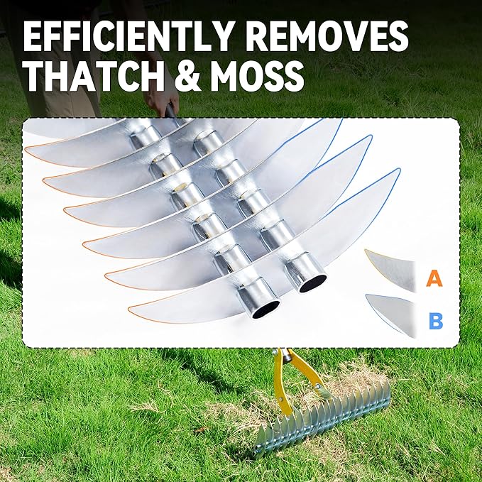 Thatch Rake for Lawn with 74inch Handle, 15 inch Dethatcher Rake for Grass to Cleaning Dead Grass, Efficient Steel Metal Rake for Dethatching, Heavy Duty Thatching Rakes for Garden, Yard