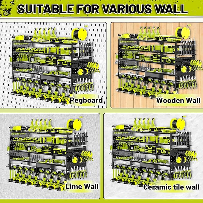 5 Layers Power Tool Organizer Wall Mount, Metal Cordless Tool Hanger Storage Rack Holder with 8 Drill Holders, Heavy Duty Garage Wall Tool Shelf for Workshop Tool Room Shed Pegboard Black