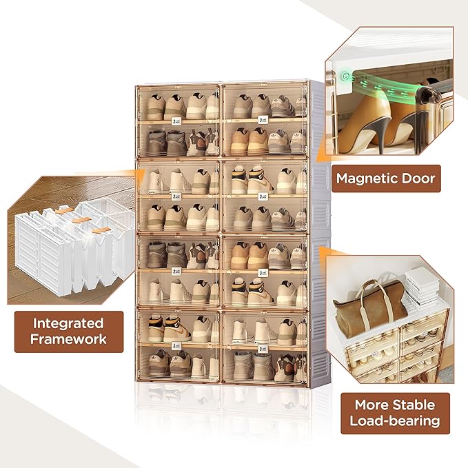 ANTBOX Portable Shoe Rack Organizer for Closet Entryway, Stackable Sneaker Storage Shoe Cabinet with Magnetic Clear Door, Large Plastic Storage containers Bins with Lids 8 Tiers 32 Pairs