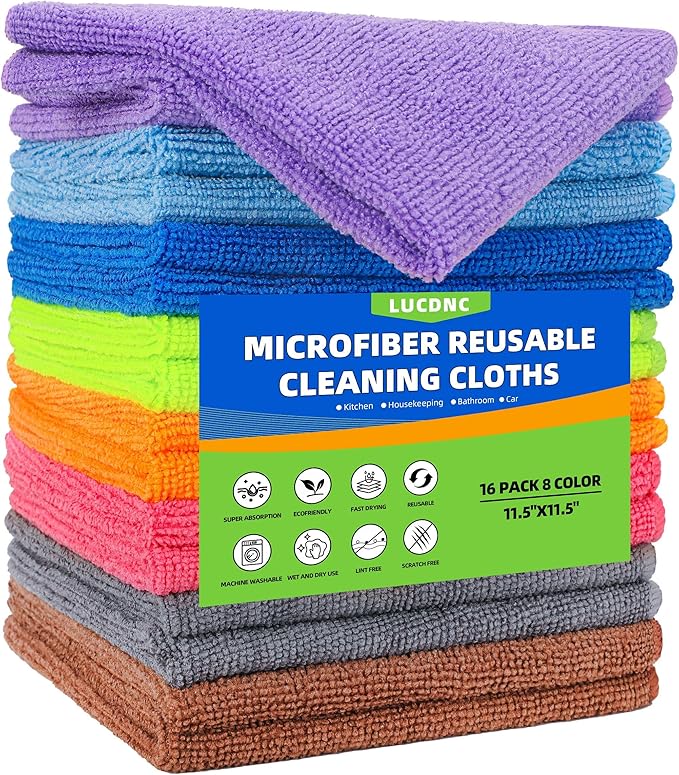 Microfiber Cleaning Cloths 16 Pack 8 Color Cleaning Rags for Housekeeping Home Kitchen Bathroom Car,11.5"X11.5" Soft Lint Free Wet and Dry Use Dusting Cleaning Supplies Towels