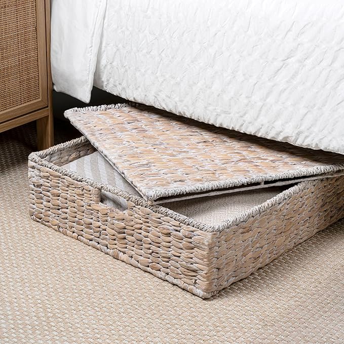 happimess BSK2015D-SET2 Holden 30" Classic Costal Hand-Woven Hyacinth Wicker Under Bed Storage Basket with for Storage and Decoration in Bathroom, Bedroom, Closet, Entryway, White Wash (Set of 2)